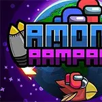 Kolorowa grafika z napisem AMONG RAMPAGE, przedstawiająca dwie postacie, rakiety, planetę Ziemię w tle i czerwonego ptaka