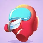 Czerwony kosmiczny astronauta z niebieskim wizjerem i nożem w plecach na fioletowym tle