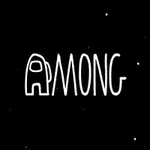 Czarny tło z białym napisem AMONG obok postaci kosmonauty i pomarańczowym kosmicznym hełmem z zielonym wizjerem