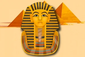 Starożytna złota maska faraona z charakterystycznym czarno-złotym nakryciem głowy, w tle dwie piramidy na beżowym tle