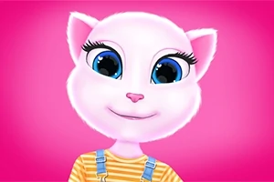 Biała kotka z dużymi niebieskimi oczami, ubrana w żółtą koszulkę w paski i niebieskie szelki, na różowym tle