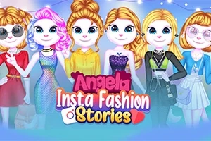 Sześć postaci w kolorowych strojach na tle z napisem Angela Insta Fashion Stories