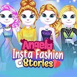 Sześć postaci w kolorowych strojach na tle z napisem Angela Insta Fashion Stories