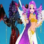 Dwie postacie z bajki z fioletowymi włosami, jedna z czarnymi skrzydłami i ciemną skórą, druga z białymi skrzydłami i złotym strojem na jasnym tle