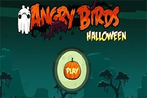 Logo z napisem w stylu Halloween, upiornym motywem i przyciskiem z dynią na tle ciemnego krajobrazu