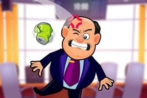 Rysunek mężczyzny w garniturze celującego w niego lecącą puszką w biurowym otoczeniu