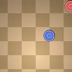 Plansza z prostokątnymi polami i okrągłymi, kolorowymi pionkami w odcieniach niebieskiego i czerwonego