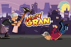 Starsza kobieta w okularach macha dużym młotkiem w stronę upadającego mężczyzny, na tle miejskiego krajobrazu nocą z pełnią księżyca