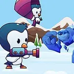 Pingwin z miotaczem strzela do niebieskiego potwora na tle śnieżnych gór