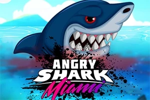 Rekin z otwartą paszczą wynurza się z wody na tle nieba, a poniżej widnieje napis Angry Shark Miami