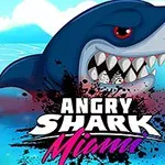 Rekin z otwartą paszczą wynurza się z wody na tle nieba, a poniżej widnieje napis Angry Shark Miami