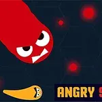 Czerwony wąż z gniewnym wyrazem twarzy i dwa małe pomarańczowe węże na ciemnym tle z czerwonymi kropkami, z napisem ANGRY SNAKES w dolnym rogu
