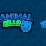 Niebieskie tło z kolorowymi napisami ANIMAL CELLS oraz niebieskimi okrągłymi kształtami przypominającymi świnki i wskaźnikiem myszy