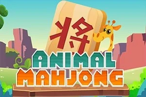 Żyrafa wyglądająca zza dużej płytki z chińskim symbolem na tle kolorowych wzgórz i napisu Animal Mahjong