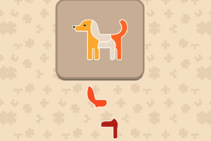 Wzór psa w kolorach pomarańczowym i białym na beżowym tle, z porozrzucanymi elementami przypominającymi puzzle u dołu