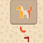 Wzór psa w kolorach pomarańczowym i białym na beżowym tle, z porozrzucanymi elementami przypominającymi puzzle u dołu