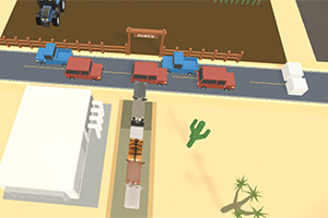 Widok z góry na ruchliwą drogę z kolorowymi samochodami, przechodzące przez nią zwierzę i otoczenie z kaktusami i budynkiem