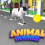 Krowa biegnąca po ulicy z rzędami złotych monet przed sobą i kolorowym napisem „Animal Runner” na dole