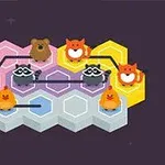 Kolorowe sześciokąty z sympatycznymi zwierzakami i liniami łączącymi niektóre z nich na ciemnym tle