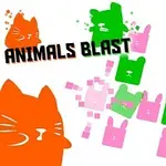 Kolorowe, stylizowane sylwetki zwierząt (koty, króliki, misie) oraz napis ANIMALS BLAST na białym tle