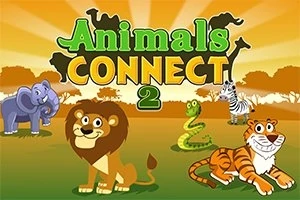 Na ilustracji znajduje się rysunkowy lew, tygrys, słoń, zebra i wąż na tle zachodzącego słońca oraz napisu Animals Connect 2