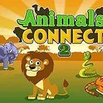 Na ilustracji znajduje się rysunkowy lew, tygrys, słoń, zebra i wąż na tle zachodzącego słońca oraz napisu Animals Connect 2