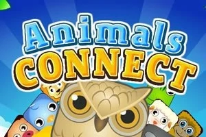Kolorowy napis Animals Connect z rysunkami zwierząt, takich jak sowa, kot, krowa i pies