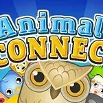 Kolorowy napis Animals Connect z rysunkami zwierząt, takich jak sowa, kot, krowa i pies