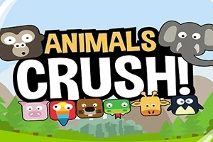 Napis Animals Crush z różnymi postaciami zwierząt na tle krajobrazu