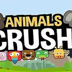 Napis Animals Crush z różnymi postaciami zwierząt na tle krajobrazu