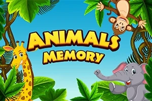 Kolorowa ilustracja ze zwierzętami, w tym żyrafą, małpą i słoniem, oraz napis Animals Memory na tle tropikalnych liści