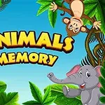 Kolorowa ilustracja ze zwierzętami, w tym żyrafą, małpą i słoniem, oraz napis Animals Memory na tle tropikalnych liści