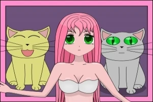Postać z różowymi włosami i zielonymi oczami na tle dwóch kotów, jednego żółtego z uśmiechem i drugiego szarego