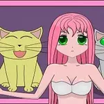 Postać z różowymi włosami i zielonymi oczami na tle dwóch kotów, jednego żółtego z uśmiechem i drugiego szarego