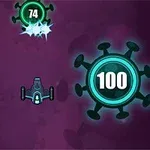 Statek kosmiczny otoczony przez kolorowe struktury przypominające wirusy z liczbami na fioletowym tle