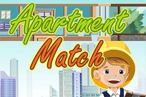 Chłopiec w żółtym kapeluszu na tle miasta z napisem „Apartment Match” w kolorowych literach