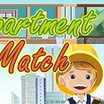 Chłopiec w żółtym kapeluszu na tle miasta z napisem „Apartment Match” w kolorowych literach