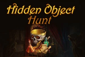 Czaszka ze złotą koroną otoczona zwojami, fiolkami i tekstem Hidden Object Hunt