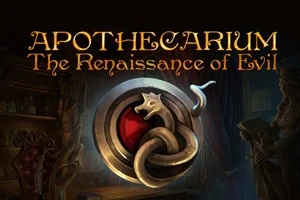 Okładka z tytułem Apothecarium: The Renaissance of Evil, z motywem smoka na tle czerwonosrebrnej tarczy w mrocznym, tajemniczym pomieszczeniu