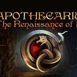 Okładka z tytułem Apothecarium: The Renaissance of Evil, z motywem smoka na tle czerwonosrebrnej tarczy w mrocznym, tajemniczym pomieszczeniu