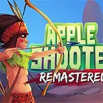 Postać z łukiem celująca w mężczyznę z jabłkiem na głowie, z napisem w tle