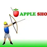 Postać z łukiem celująca do jabłka na głowie innej osoby, z napisem APPLE SHOOTER