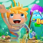 Postać morskiego chłopca z trójzębem i kolorowe bloki pod wodą