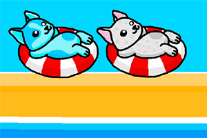 Dwa kolorowe koty leżące na czerwono-białych kołach na tle turkusowego nieba i żółtej plaży