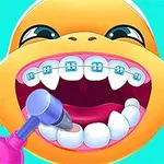 Postać z dużymi oczami i aparatem ortodontycznym na zębach, dziecko lub postać z kreskówki, z otwartymi ustami, poddawana zabiegowi dentystycznemu