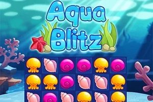Niebieski napis Aqua Blitz nad planszą z kolorowymi muszelkami i meduzami, na tle podwodnej scenerii