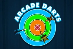 Napis Arcade Darts nad kolorową tarczą do gry w rzutki z trzema wbitymi lotkami