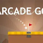 Napis ARCADE GOLF z grafiką dołka golfowego z chorągiewką i piłką do golfa na tle w brązowej tonacji
