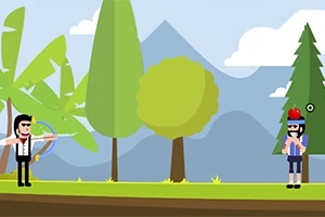 Postacie na tle leśnym, jedna strzela z łuku, druga trzyma jabłko na głowie