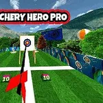 Widok z perspektywy łuku do strzelania w kierunku tarczy na zielonym torze otoczonym przez drzewa i góry